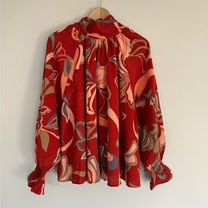 Entro Red Floral & Flowy Long Sleeve Mock Neck Colorful Blouse Rust Sz S